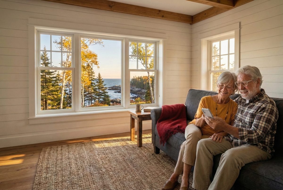 Couple at home in rural Maine, streaming from the couch