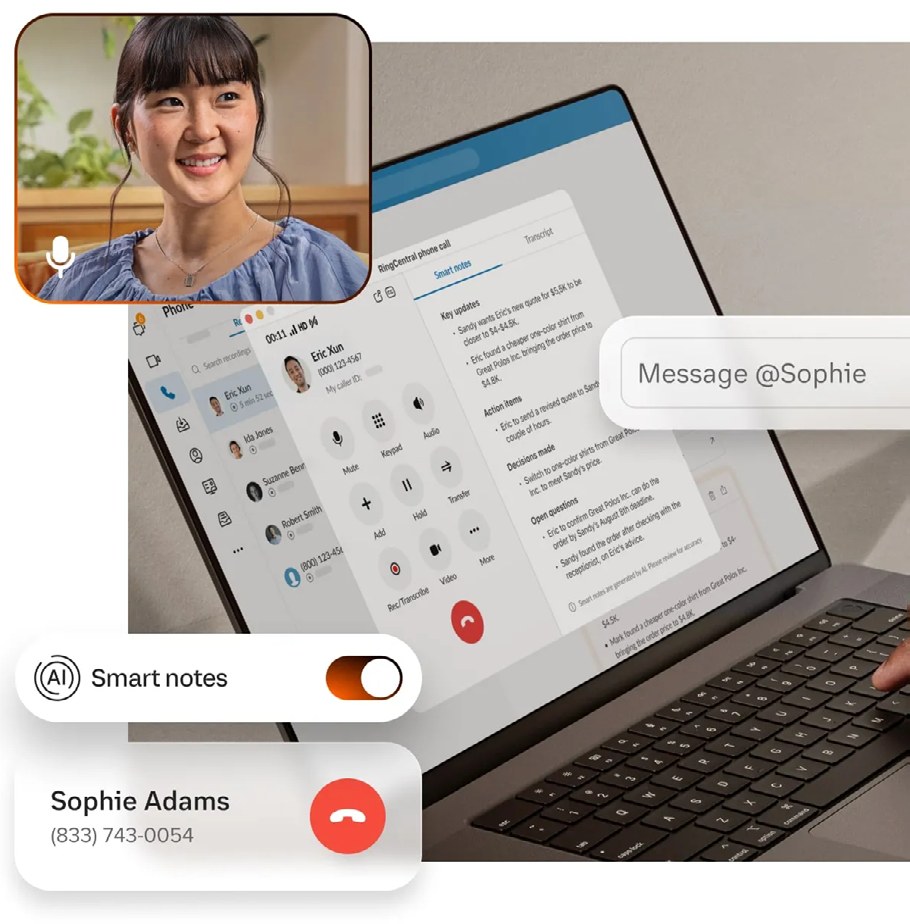 The RingEX desktop app with a call in progress, a video tile and AI smart notes